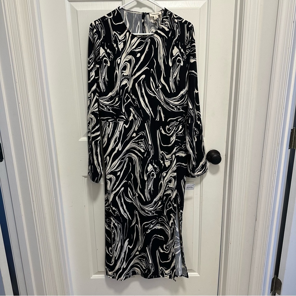 Open Edit Marbled Long Sleeve Midi Dress Black White Size 1x